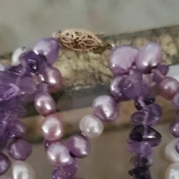 14K Purple White Freshwater Pearls + Amethyst Beaded Necklace and Bracelet Set